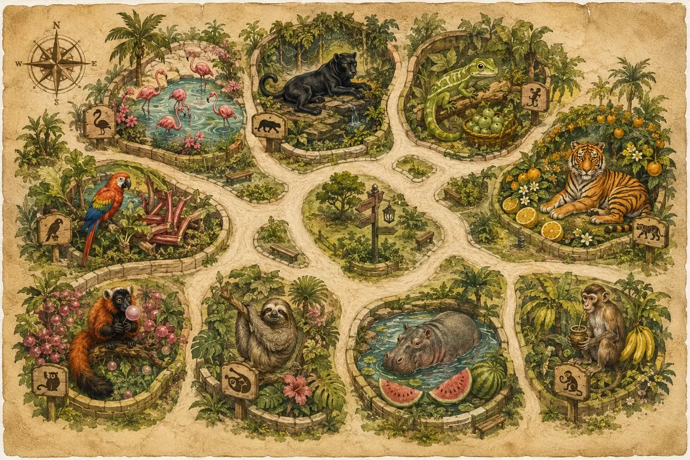 Ilustrowana mapa WildFlow ZOO z dziewięcioma wybiegami